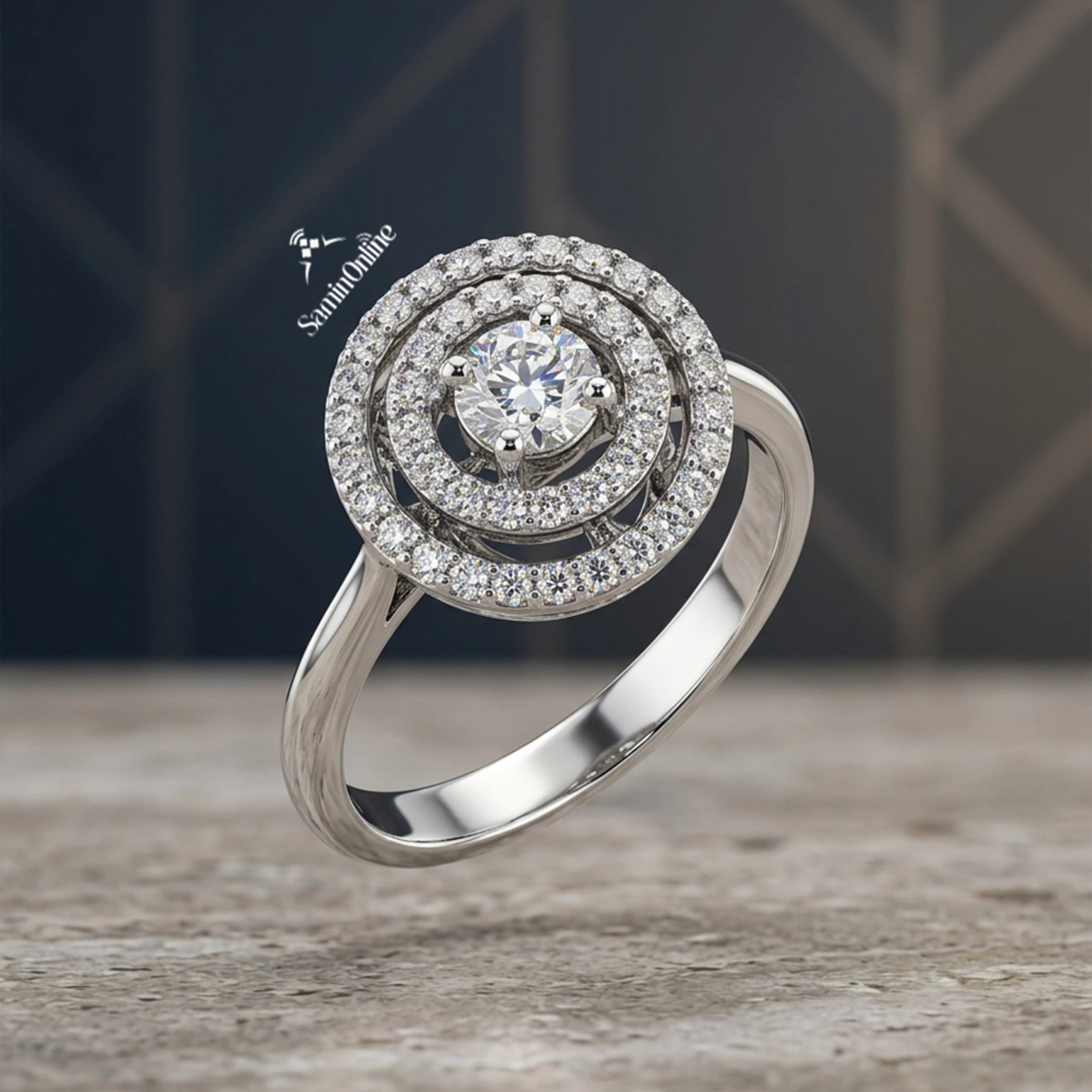 انگشتر طلای 18 عیار سفید مدل 7666 به وزن 4.41 گرم، مرصع به 55 سوت برلیان سفید پاک با طراحی دو حلقه درخشان دور سنگ مرکزی.